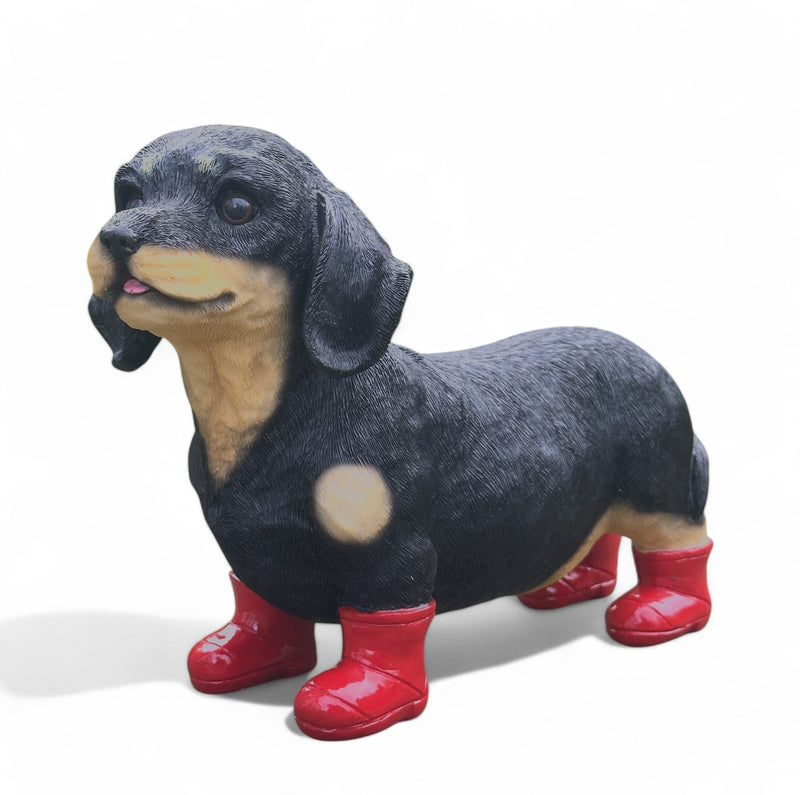 Large Dachshund in Red Wellington Boots 'Welly Dog' figurine home or garden decoration (25cm)