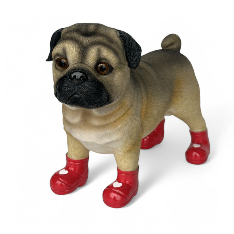 SPECIAL 'LOVE DOGS' EDITION Large Pug in Red Wellingtons with LOVE HEARTS 'Welly Dog' figurine Valentine's Gift (25cm)