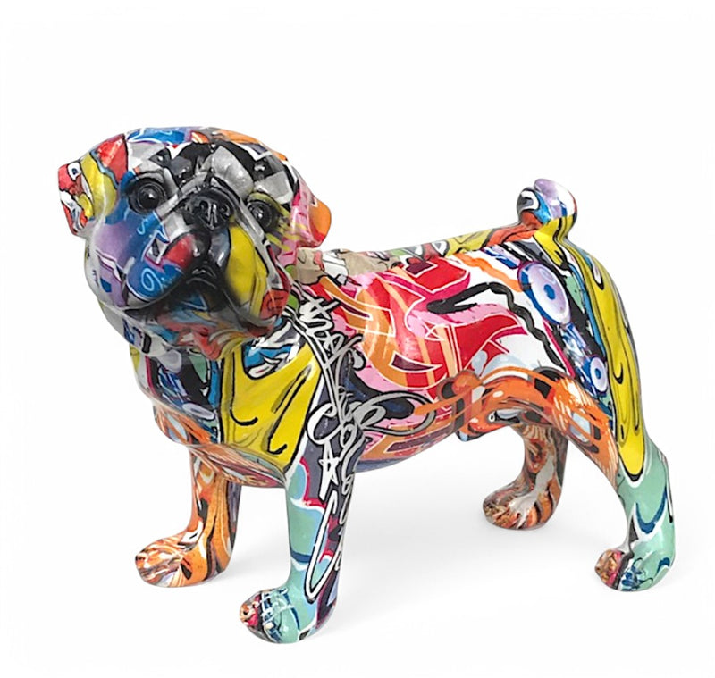 Graffiti Art Pug figurine, bright coloured gloss finish, boxed