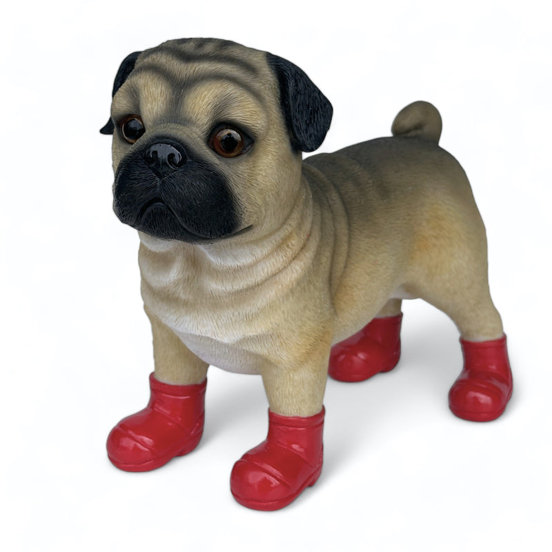 Large Pug in Red Wellingtons 'Welly Dog' figurine home or garden decoration (25cm)