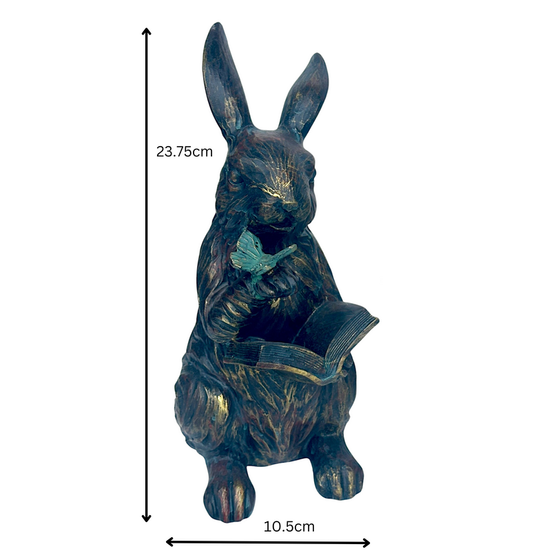 Bronze effect Rabbit Reading a Book figurine, height 23cm, gift boxed