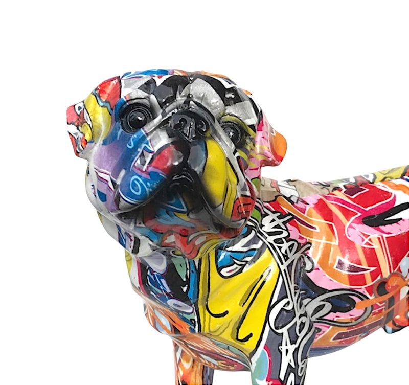 Graffiti Art Pug figurine, bright coloured gloss finish, boxed