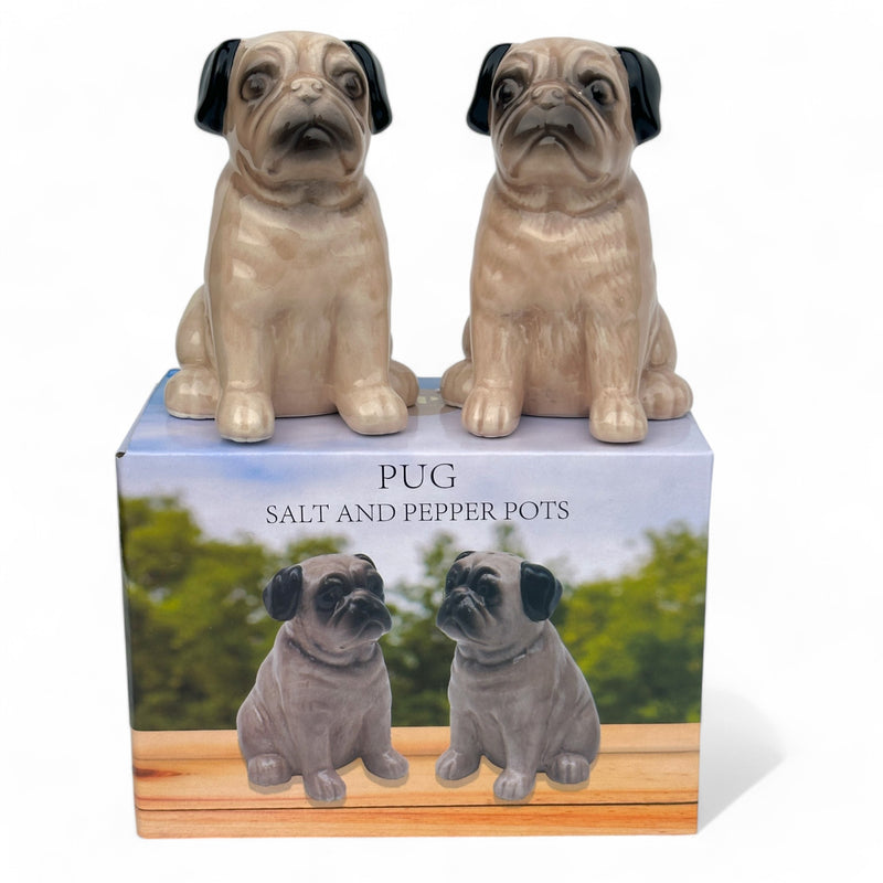 Pug design ceramic Salt & Pepper cruet set by Lesser & Pavey, boxed