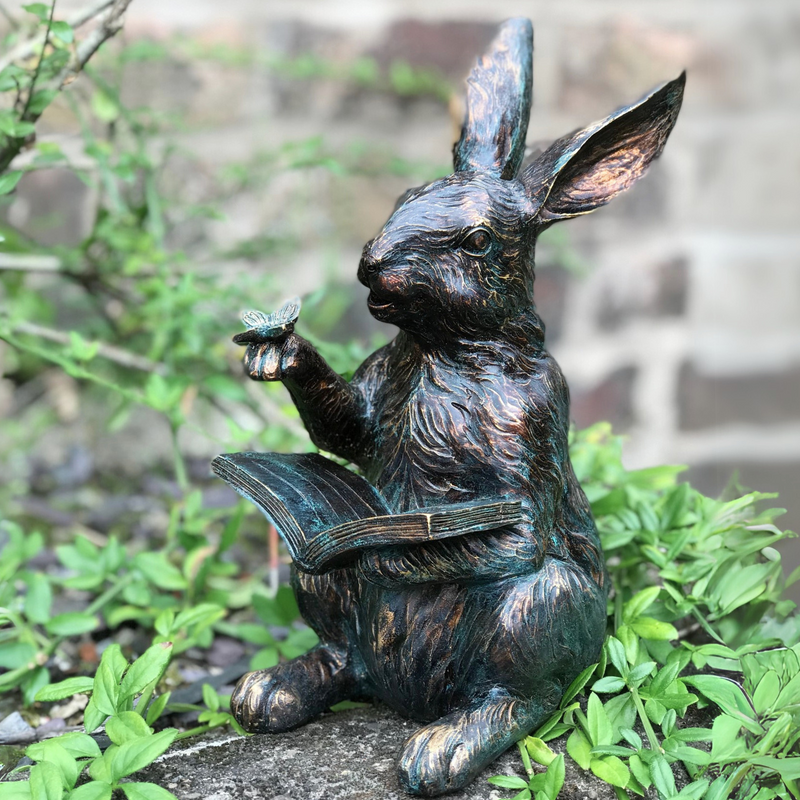 Bronze effect Rabbit Reading a Book figurine, height 23cm, gift boxed