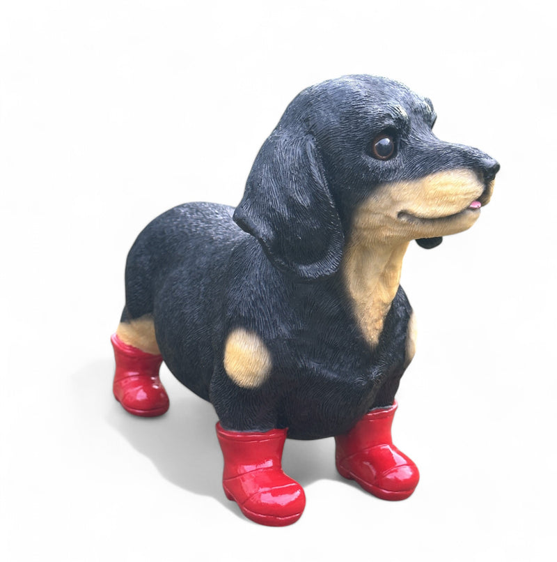 Large Dachshund in Red Wellington Boots 'Welly Dog' figurine home or garden decoration (25cm)