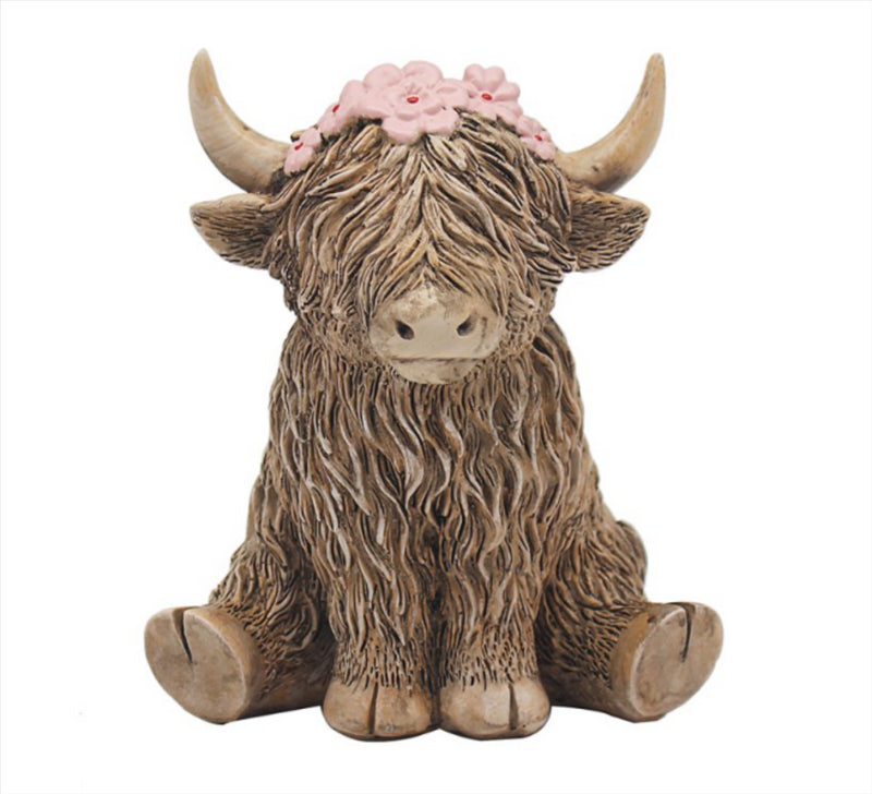 Happy Highland Cow with Pink Flowers wood effect ornament by Lesser & Pavey