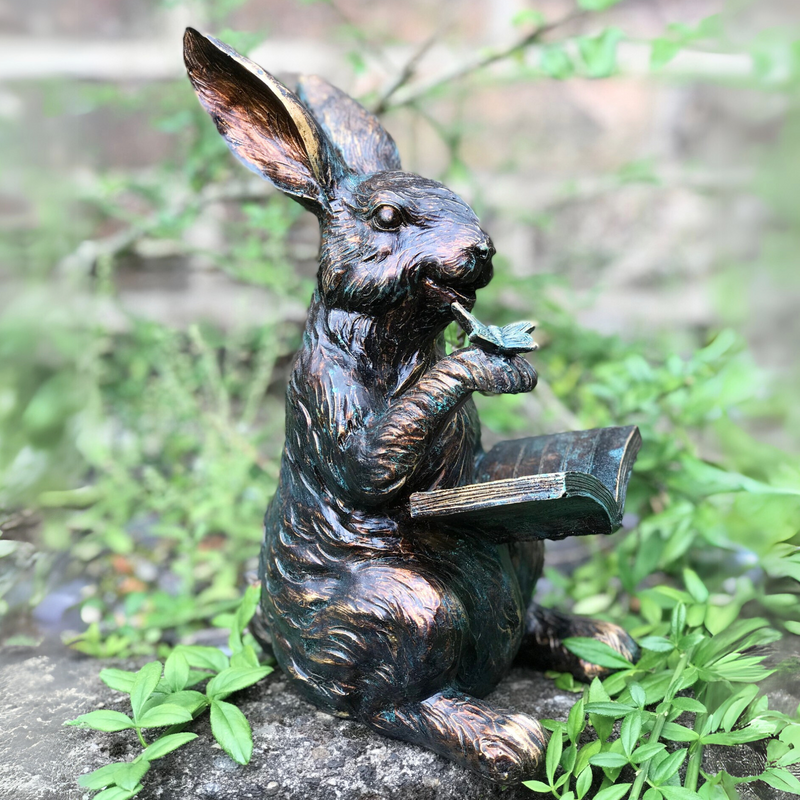 Bronze effect Rabbit Reading a Book figurine, height 23cm, gift boxed