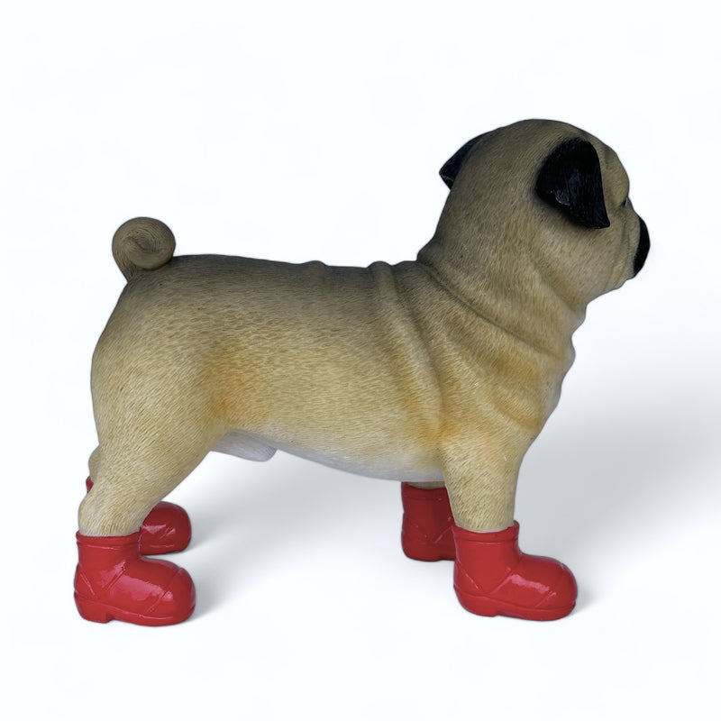 Large Pug in Red Wellingtons 'Welly Dog' figurine home or garden decoration (25cm)