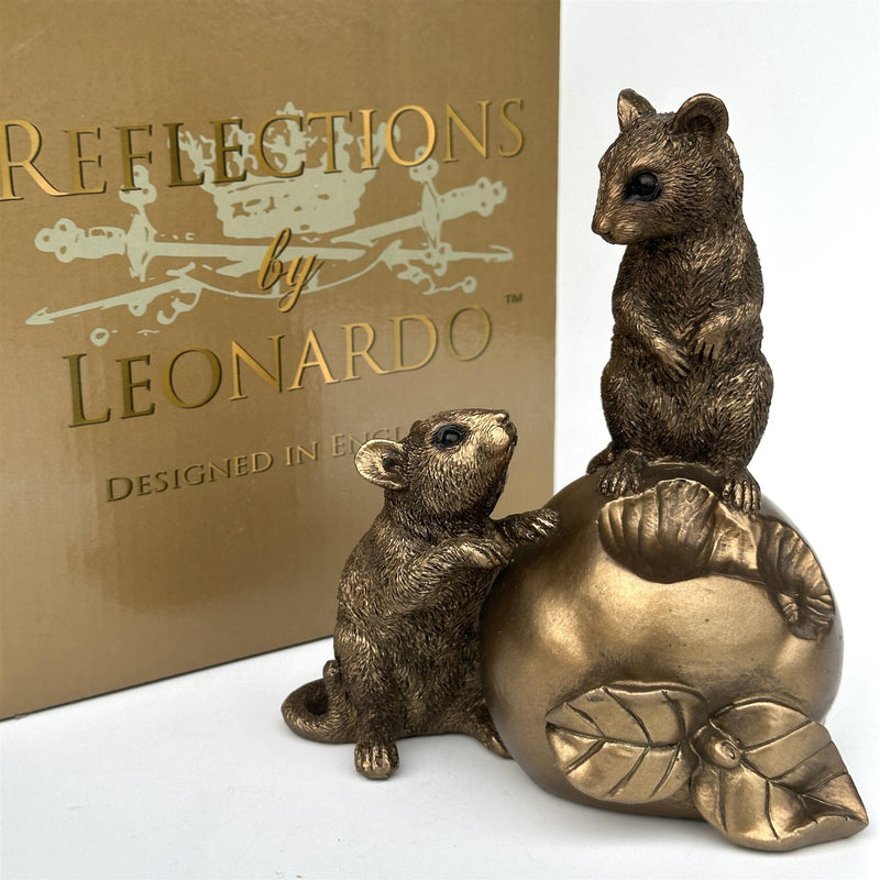 Two Mice playing on an Apple figurine, Leonardo Reflections Bronzed range, gift boxed