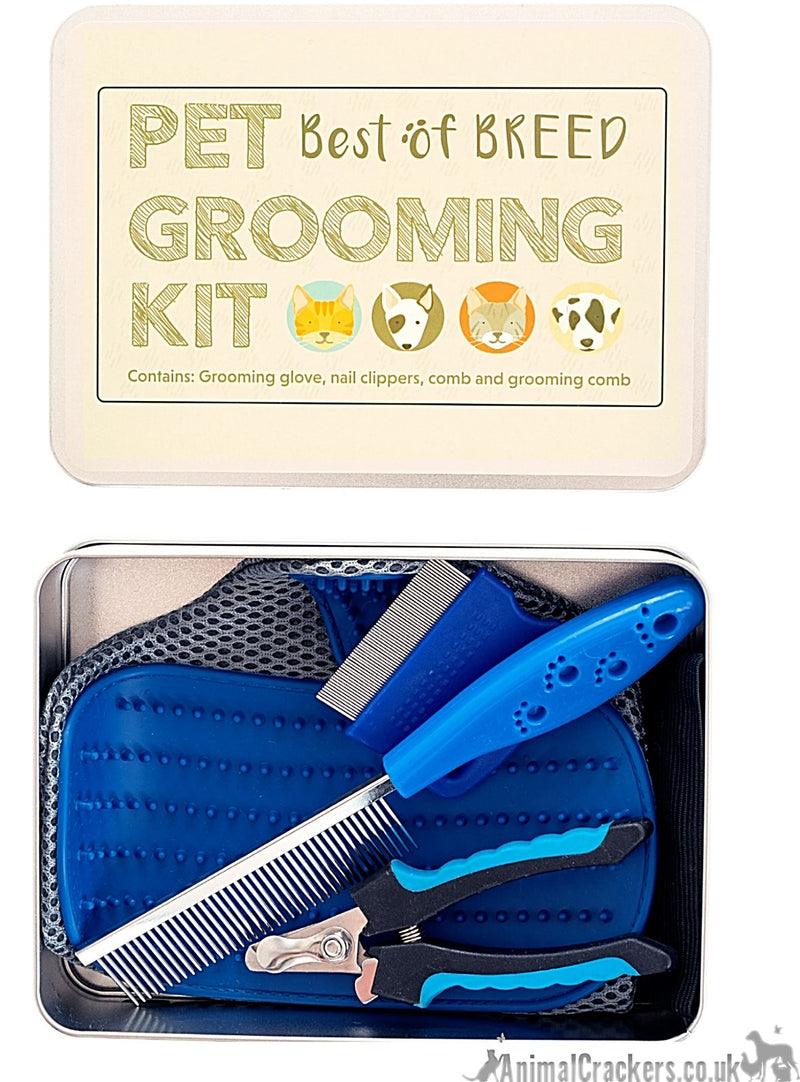 Pet Grooming Kit brush flea comb glove mit clippers Tin box dog cat lover gift