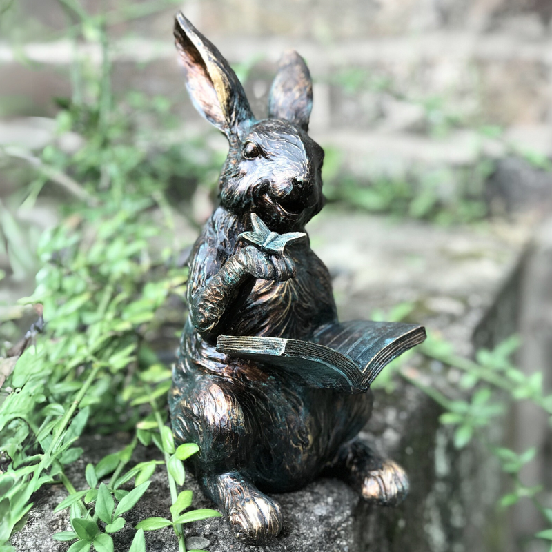 Bronze effect Rabbit Reading a Book figurine, height 23cm, gift boxed