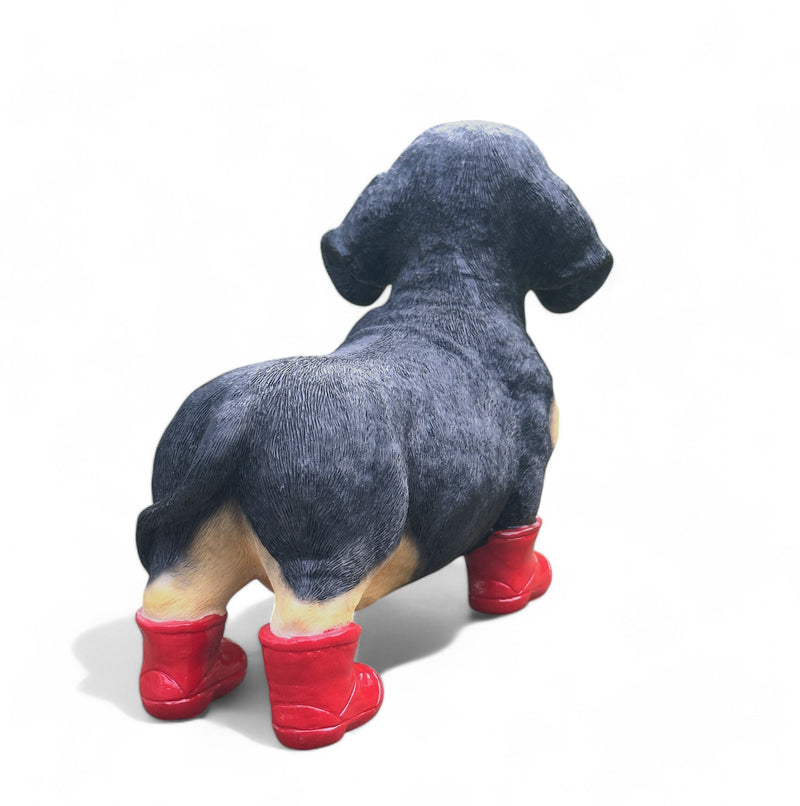 Large Dachshund in Red Wellington Boots 'Welly Dog' figurine home or garden decoration (25cm)