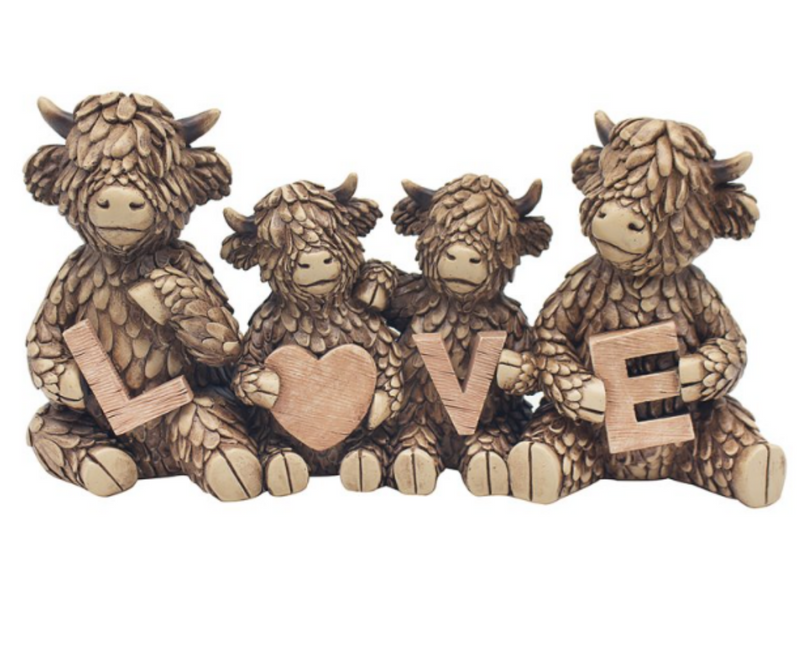 Hughie Highland Cow 4 Cows with 'LOVE' sign wood effect ornament by Lesser & Pavey