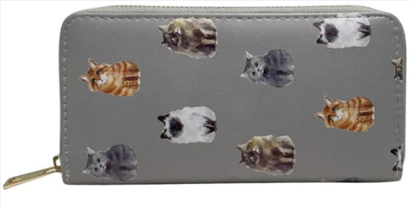 Cats print Purse Wallet zipped multi compartment novelty Cat lady Cat lover gift[Grey]