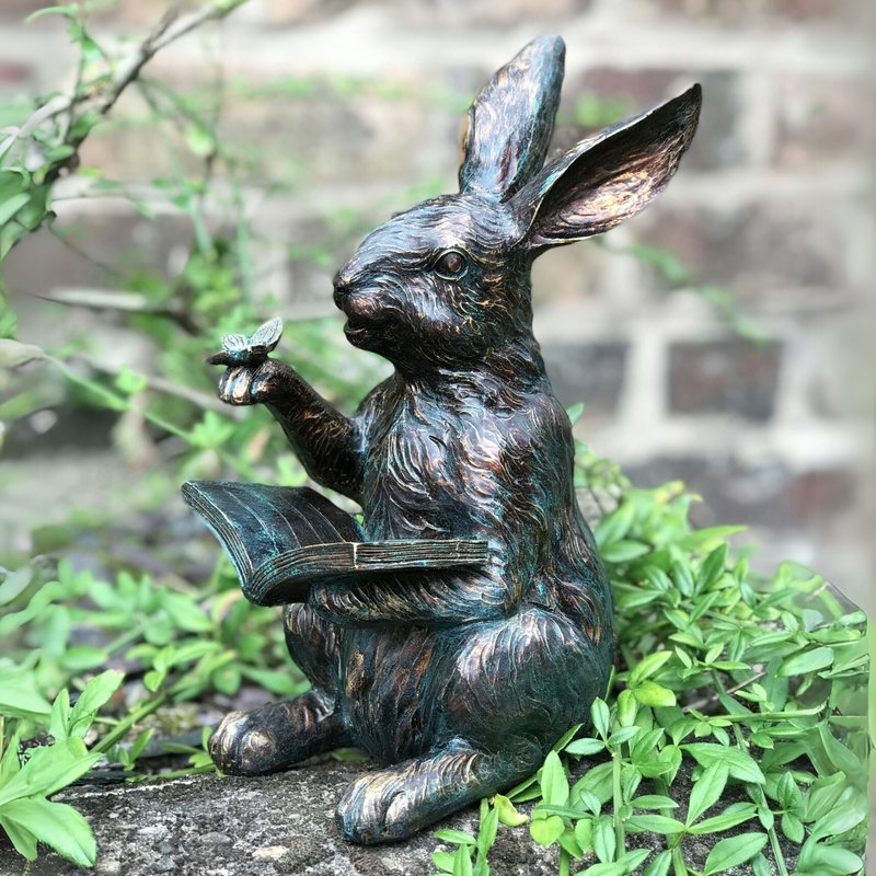 Bronze effect Rabbit Reading a Book figurine, height 23cm, gift boxed