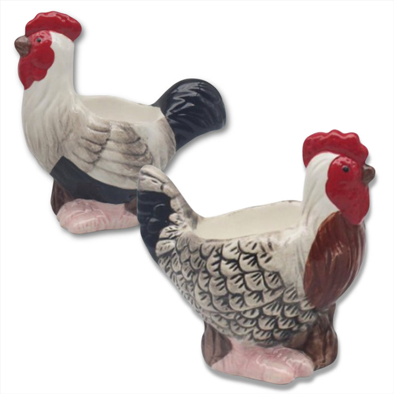 Cockerel & Hen shaped ceramic Egg Cup set, gift boxed