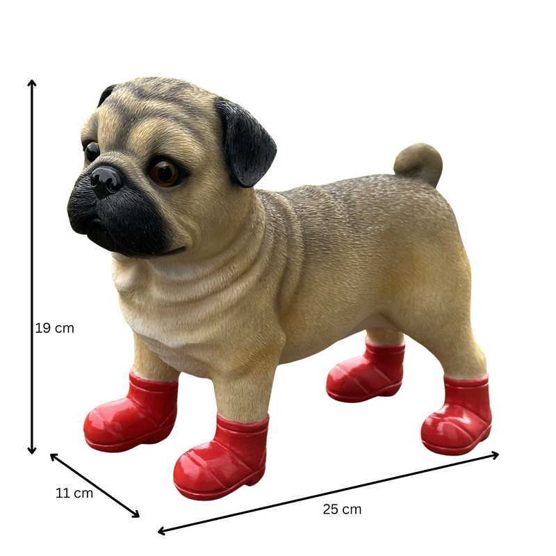 Large Pug in Red Wellingtons 'Welly Dog' figurine home or garden decoration (25cm)