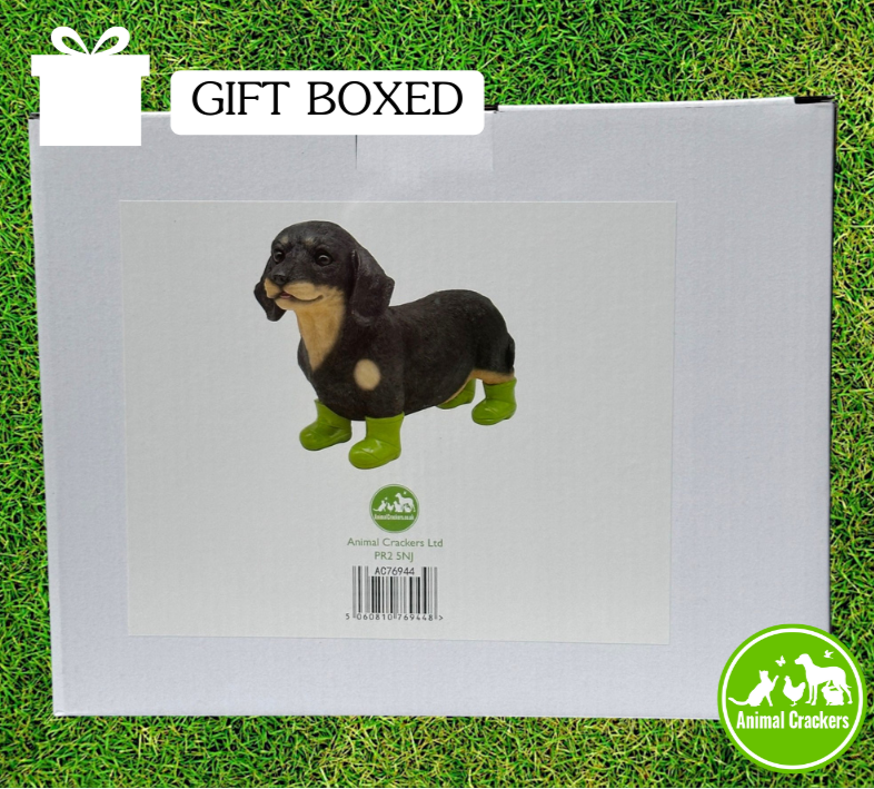 Dachshund in bright green wellies/ Wellington Boots ornament, great Sausage Dog lover gift