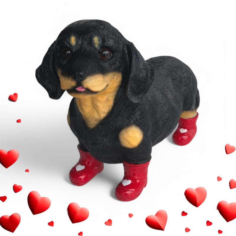 SPECIAL 'LOVE DOGS' EDITION Dachshund in Red Wellington Boots WITH HEARTS 'Welly Dog' figurine Valentine's Gift (25cm) (Copy