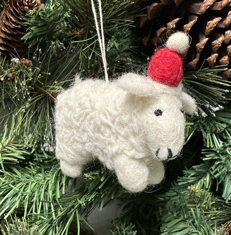 Felt Sheep in Santa hat hanging Christmas tree decoration