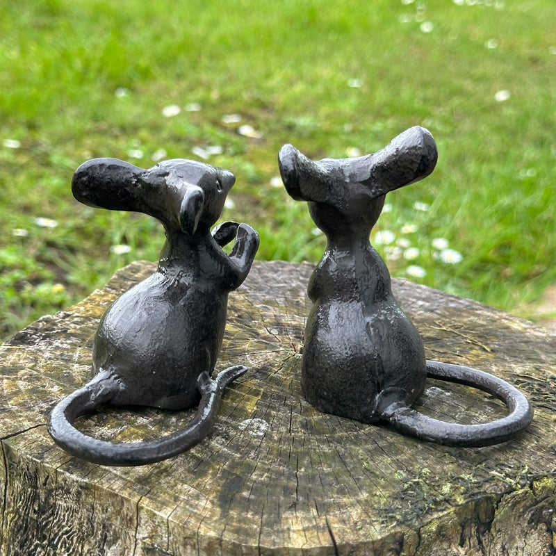 Set of 2 heavy solid cast iron mice indoor ornaments or garden decorations, great mouse lover gift