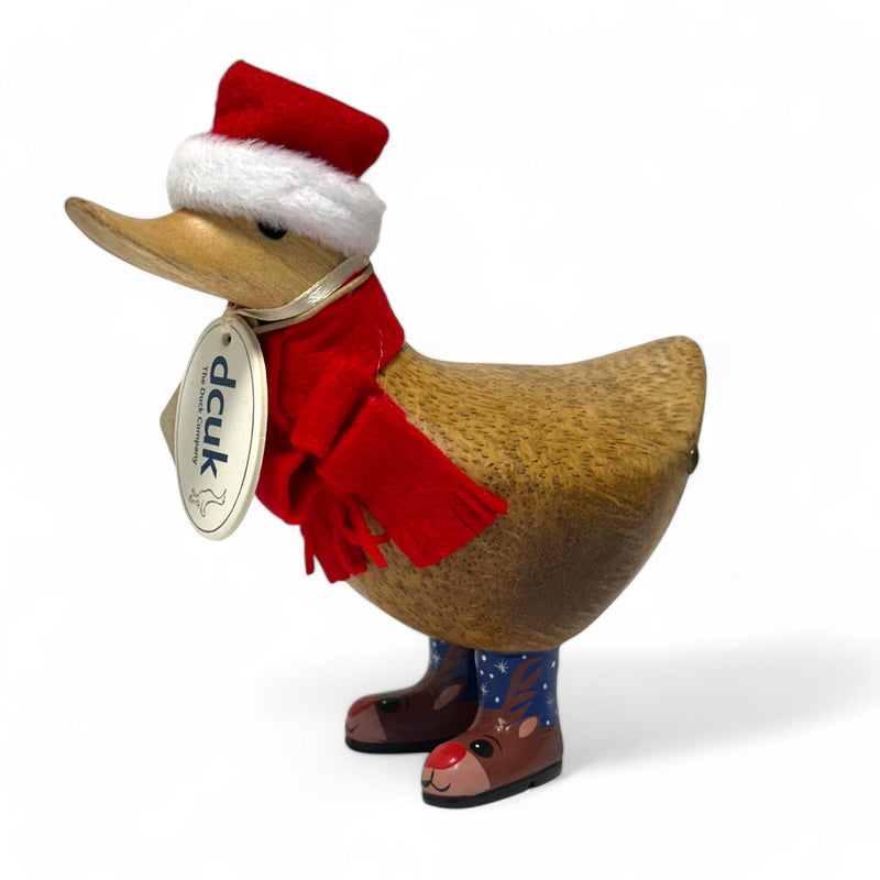 DCUK Cosy Christmas Ducky with Hand Painted Santa or Rudolf boots, with name tag