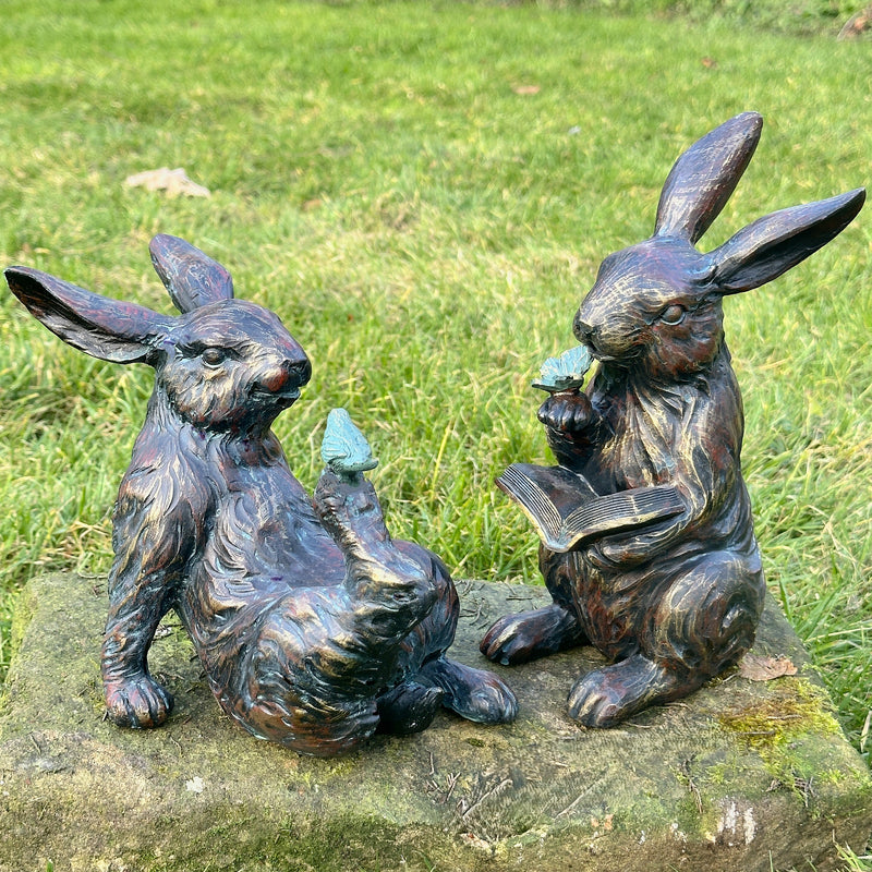 Bronze effect Rabbit Reading a Book figurine, height 23cm, gift boxed