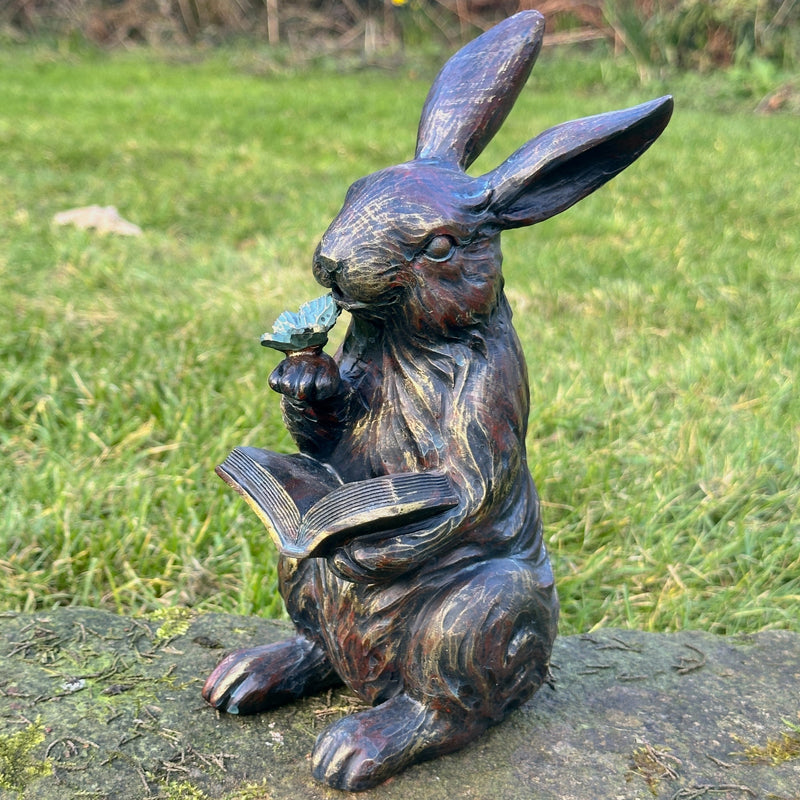 Bronze effect Rabbit Reading a Book figurine, height 23cm, gift boxed