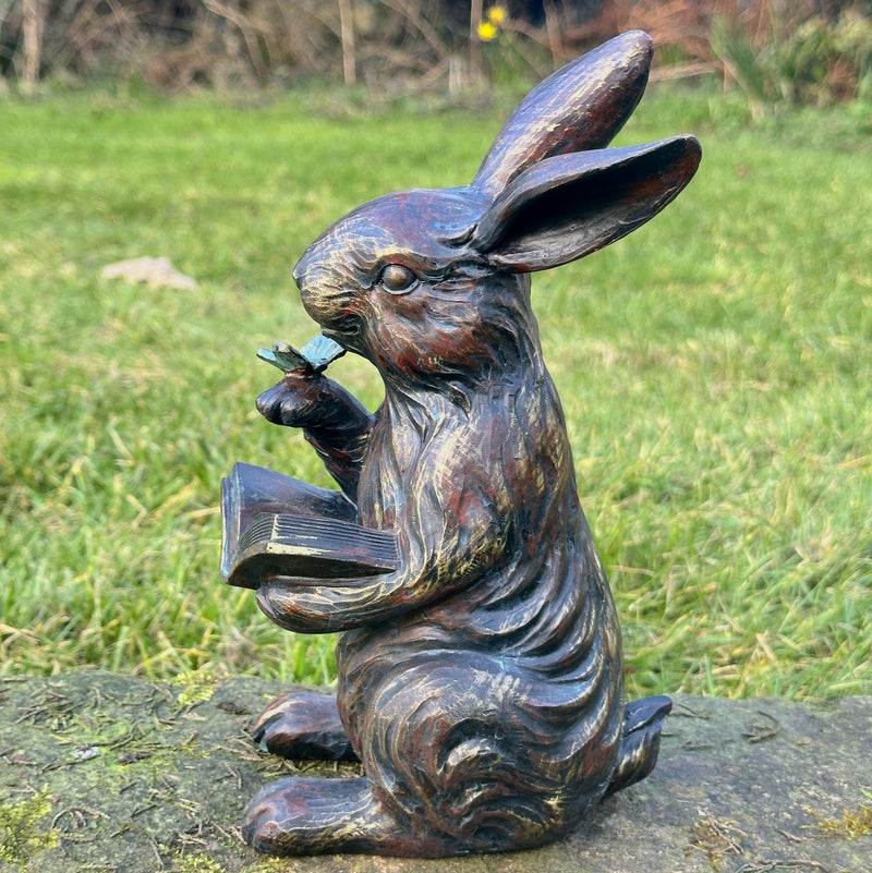 Bronze effect Rabbit Reading a Book figurine, height 23cm, gift boxed