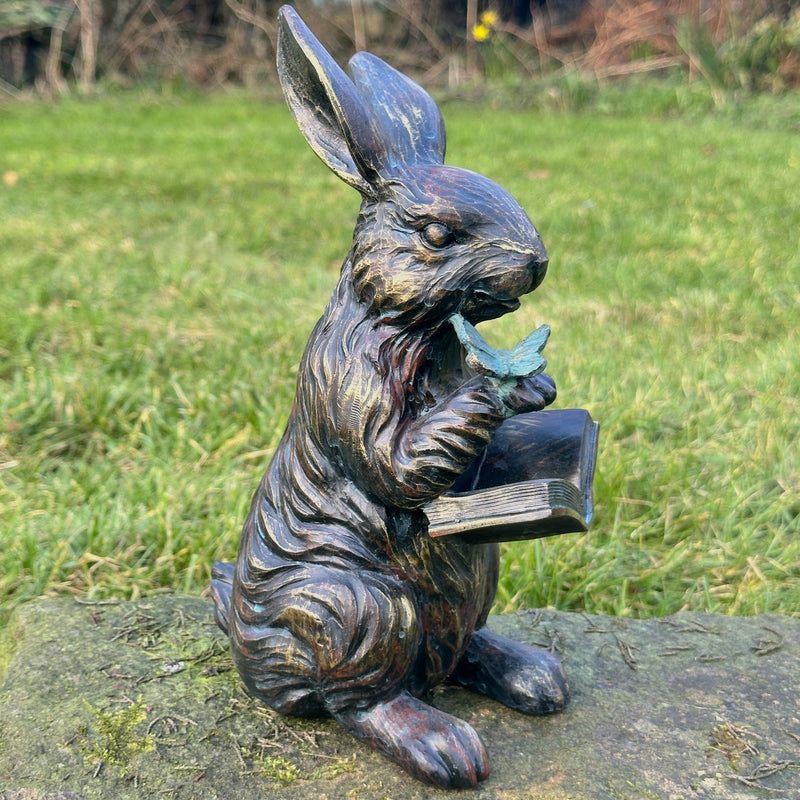 Bronze effect Rabbit Reading a Book figurine, height 23cm, gift boxed