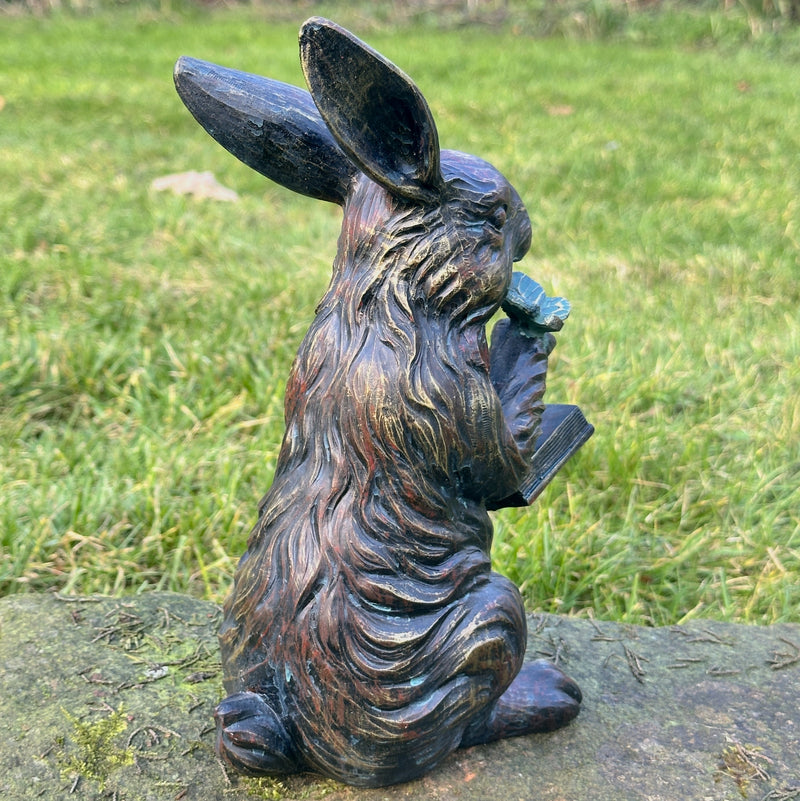 Bronze effect Rabbit Reading a Book figurine, height 23cm, gift boxed