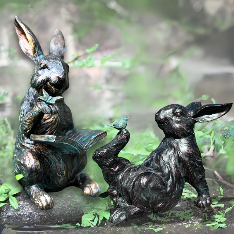 Bronze effect Rabbit Reading a Book figurine, height 23cm, gift boxed