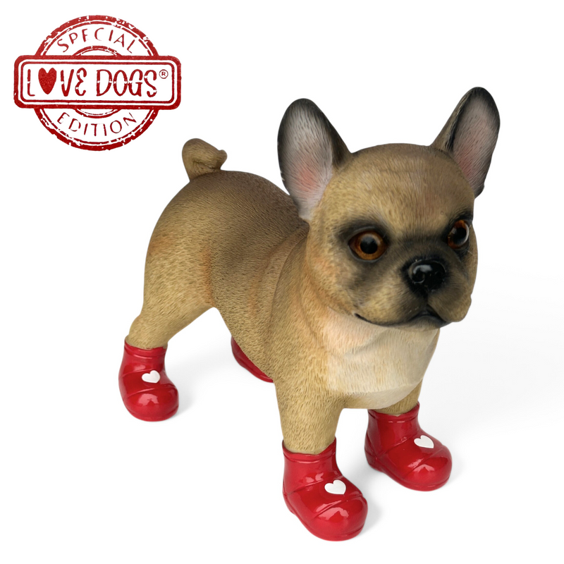 SPECIAL 'LOVE DOGS' EDITION French Bulldog in Red Wellingtons with LOVE HEARTS decoration 'Welly Dog' figurine (25cm)