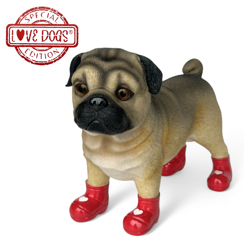 SPECIAL 'LOVE DOGS' EDITION Large Pug in Red Wellingtons with LOVE HEARTS 'Welly Dog' figurine Valentine's Gift (25cm)