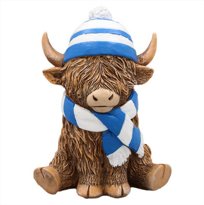 Hughie Highland Cow in Blue & White Scarf wood effect ornament by Lesser & Pavey