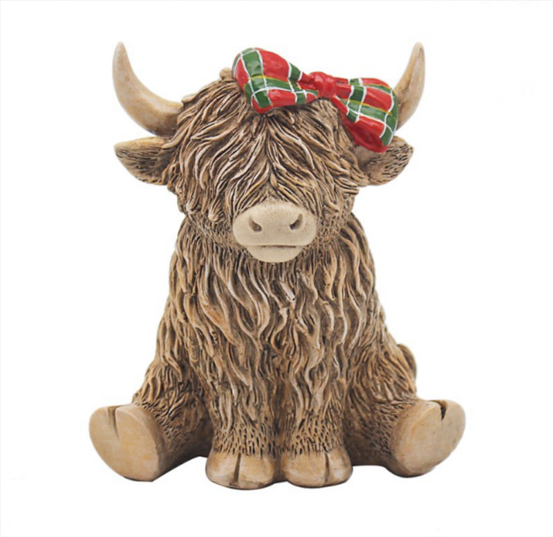 Hughie Highland Cow with Tartan Bow wood effect ornament by Lesser & Pavey