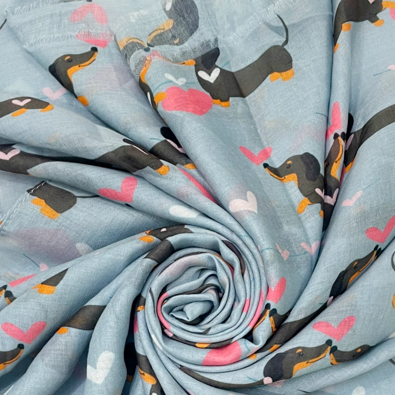 Dachshund Love Hearts lightweight Scarf Pink or Blue/Grey