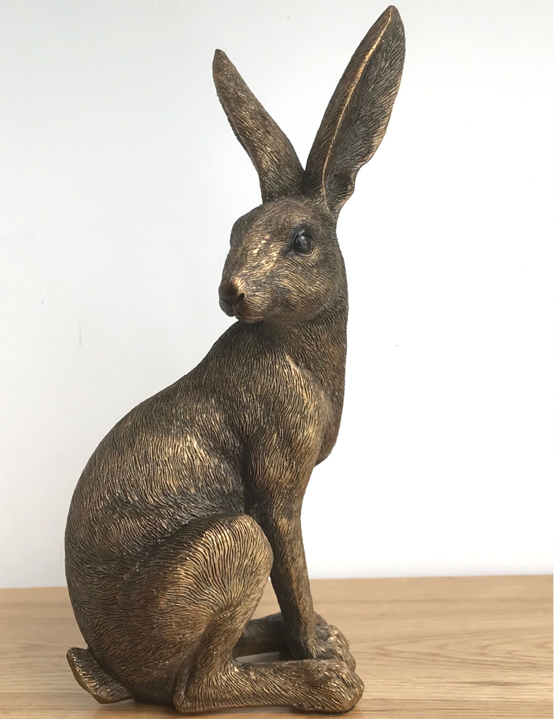 Animal Crackers Exclusive - Leonardo Reflections Bronzed range large 22cm high bronze effect Sitting Hare ornament figurine, in quality gold gift box