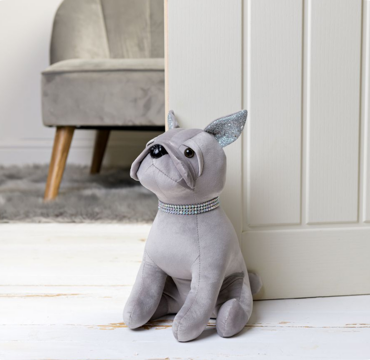 French Bulldog doorstop in Grey faux suede with sparkly diamante collar heavy plush novelty Frenchie lover gift