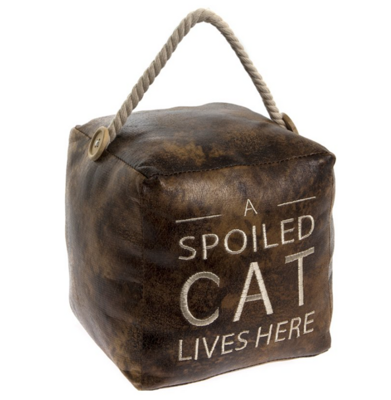 Heavy brown faux leather 'A spoiled Cat Lives Here' door doorstop