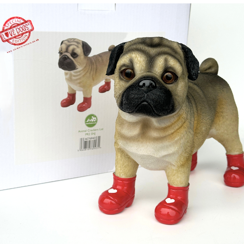 SPECIAL 'LOVE DOGS' EDITION Large Pug in Red Wellingtons with LOVE HEARTS 'Welly Dog' figurine Valentine's Gift (25cm)