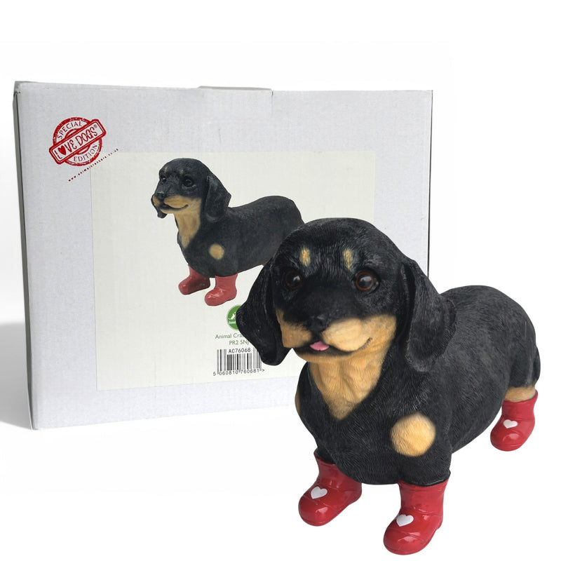 SPECIAL 'LOVE DOGS' EDITION Dachshund in Red Wellington Boots WITH HEARTS 'Welly Dog' figurine Valentine's Gift (25cm) (Copy