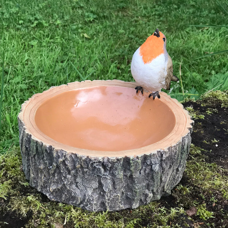 Robin on round log effect Bird Bath or feeder with decorative robin, great robin lover gift