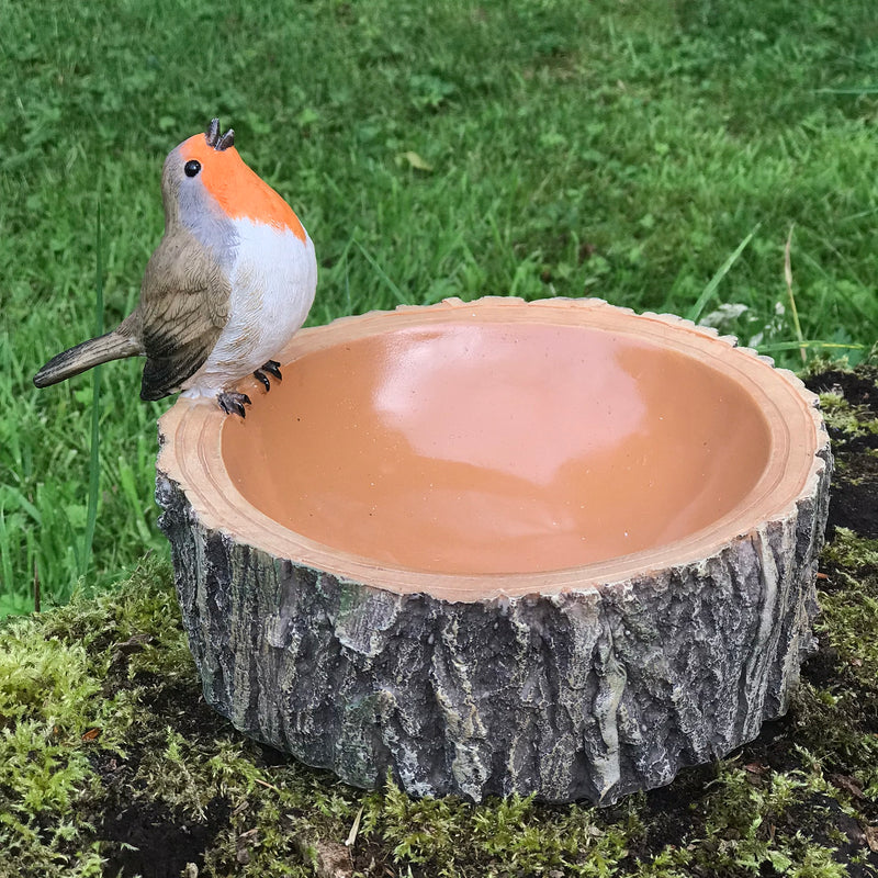 Robin on round log effect Bird Bath or feeder with decorative robin, great robin lover gift