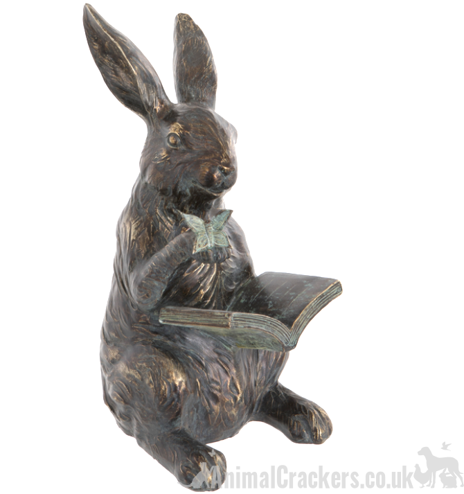 Large bronze effect Hare Reading Book figurine. height 23cm, gift boxed