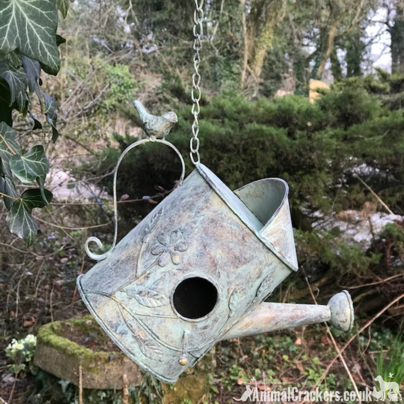 Watering Can bird house nest box, metal verdigris effect