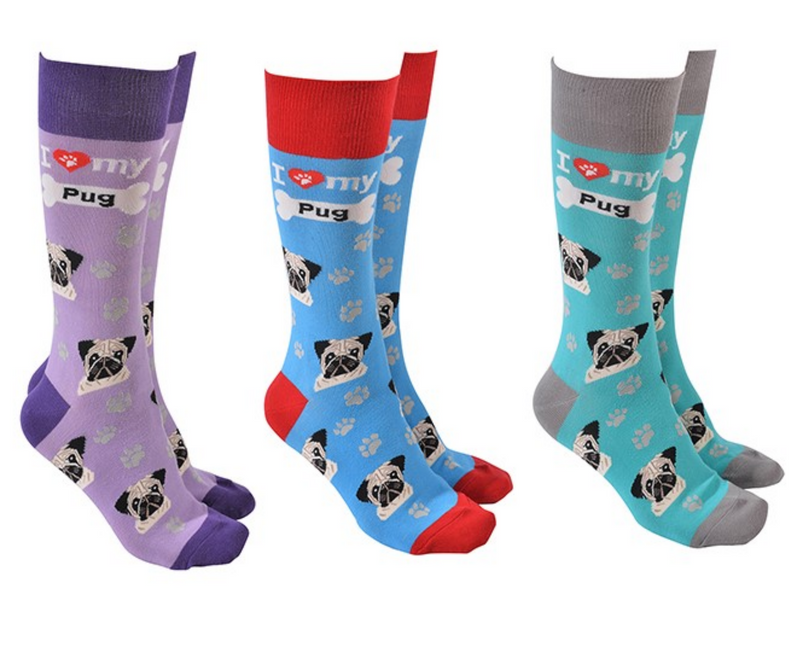 Pug design socks with 'I love my Pug' text, quality Unisex One Size stocking filler