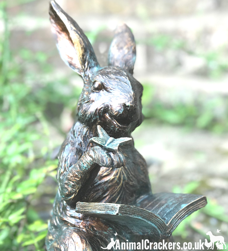 Large bronze effect Hare Reading Book figurine. height 23cm, gift boxed