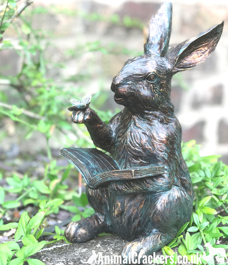 Large bronze effect Hare Reading Book figurine. height 23cm, gift boxed